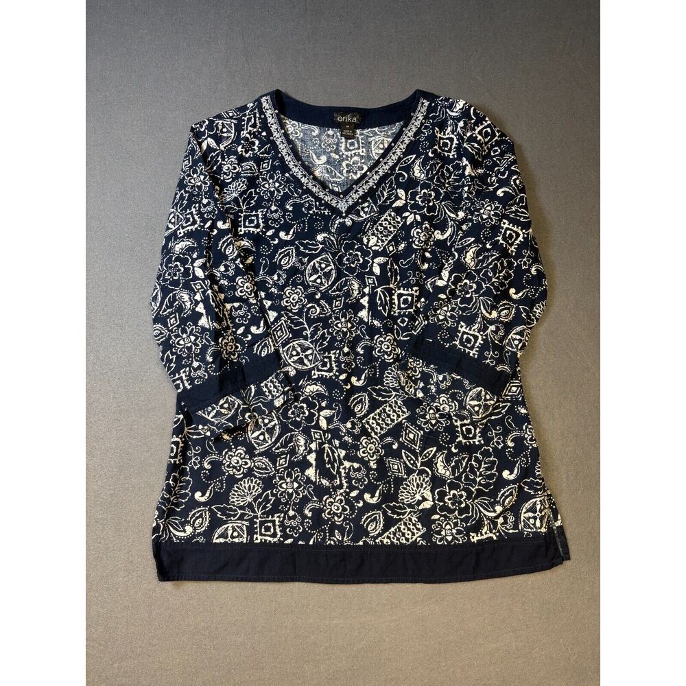 Erica V-neck 3/4 Sleeve Tunic Top White Flower Print Navy Blue Women's Size M